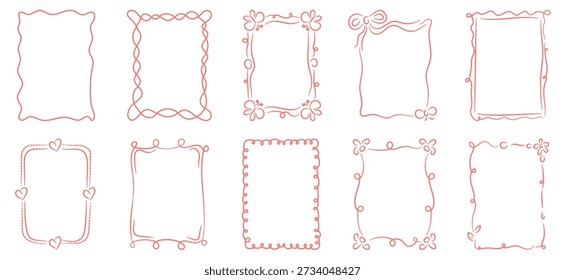 Doodle Frames set. Cute hand-drawn doodle-style frames with flowers, hearts, ribbons and other decorations. For weddings, invitations, birthdays and printing.
