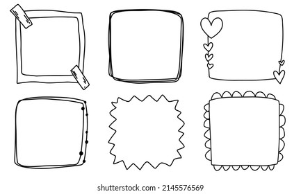 Doodle frames set hand drawn line collection. Square with hearts for wedding isolated.
