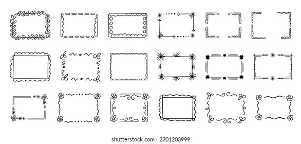 Doodle frames set, hand-drawn monograms.Edgings and cadres with simple sketchy elements for your design.Isolated. Vector illustration.