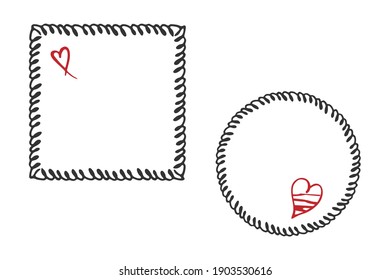 Doodle frames set, square, circle, red colour heart gometric shapes. Hand drawn black ink brush wavy stroke, cartoon decorative scribble design, white background. Vector illustration
