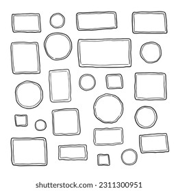 Doodle frames set. Square, round and oval borders. Vector illustration isolated on white background.