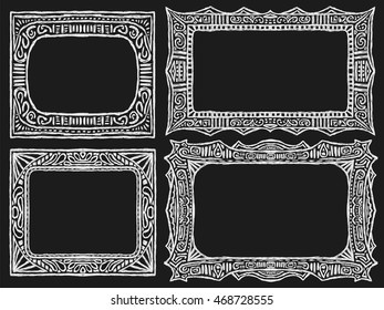 Doodle frames set. Tribal chalk sketch collection of frames. Ethnic aztec style vector illustration. Blackboard drawn island native ornaments.