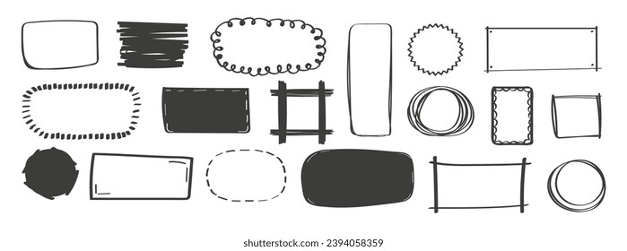 Doodle frames set vector. Hand drawn rectangle line text box set. Scribble rectangular, circle shape. Sketch pencil empty box for messages. 