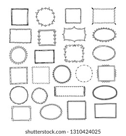 Doodle Frames. Square Borders Sketch Lines Hand Drawn Round Picture Empty Frame Vintage Vector Set