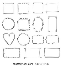 Doodle frames. Square borders sketch lines hand drawn round picture empty frame vintage vector set