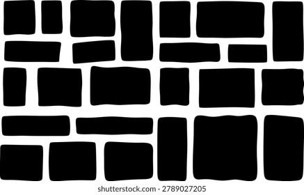 doodle frames with uneven shapes collection features wavy irregular rectangles text boxes and hand drawn squares with rough edges. this organic forms set includes curved picture painting frameworks, curvy callouts, and square quote frames ideal for modern graphic design. perfect for minimalist borders, abstract hand drawn geometric layouts, and creative flat lay backdrop elements, this versatile black silhouette block pack offers unique text panels for banners, notes, or digital art templates. use these simple monochrome hand drawn elements to enhance your creative project, minimal poster design, or social media layout template easily.