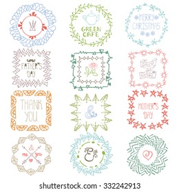 Doodle frames,wreaths,logo set.Hand drawn Pattern, Colored ornament,decor.For decorating greeting card,wedding design template, invitations,holiday, baby design,menu.Illustration