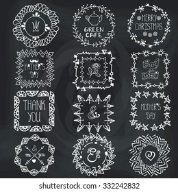 Doodle frames,wreaths,logo set.Hand drawn Pattern,textured ornament,decor.For decorating greeting card,wedding design template, invitations,holiday, baby design,menu.Illustration.Chalkboard