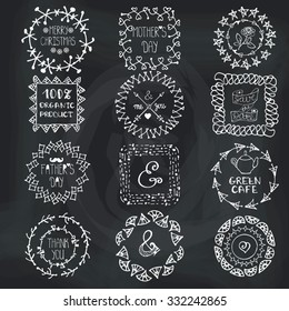 Doodle frames,wreaths,logo set.Hand drawn Pattern,textured ornament,decor.For decorating greeting card,wedding design template, invitations,holiday, baby design,menu.Illustration.Chalkboard