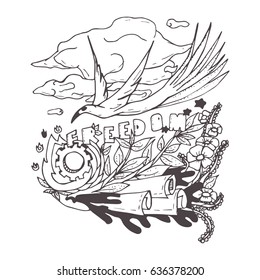 doodle the freedom hand drawn vector illustration for kid t-shirt print, greeting and invitation card