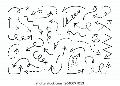 Doodle freehand Arrows set with editable stroke on notebook sheets in squares. Simple hand drawn black dot lines in various directions. Back to school dotted pointers. Sketch outline long thick icons.