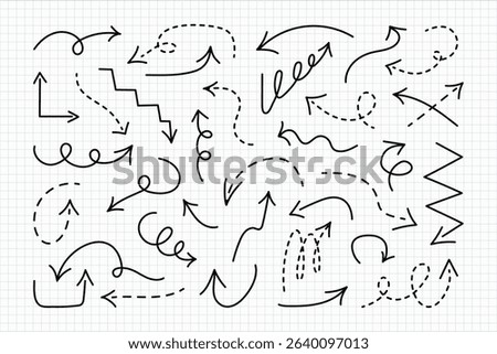 Doodle freehand Arrows set with editable stroke on notebook sheets in squares. Simple hand drawn black dot lines in various directions. Back to school dotted pointers. Sketch outline long thick icons.