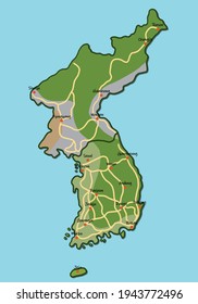Doodle freehand colorful drawing Korea map with major cities and highway. Vector illustration.