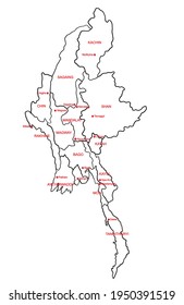 Doodle freehand colorful drawing Myanmar map divide by state. Vector illustration.