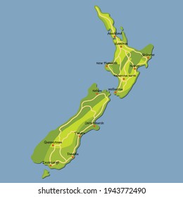Doodle freehand colorful drawing New Zealand map with major cities and highway. Vector illustration.