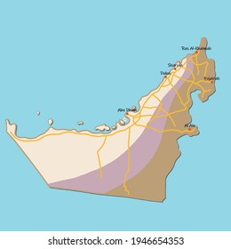 Doodle freehand colorful drawing United Arab Emirates map with major cities and highway. Vector illustration.