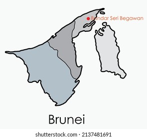 Mapa de dibujo a mano alzada de Brunéi. Ilustración vectorial.