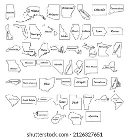 Doodle freehand drawing on states of the USA. Vector illustration.