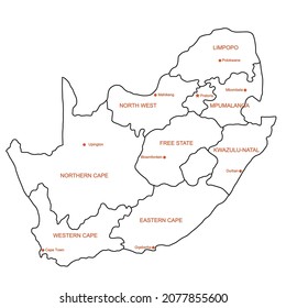 Doodle freehand drawing South Africa political map with major cities. Vector illustration.
