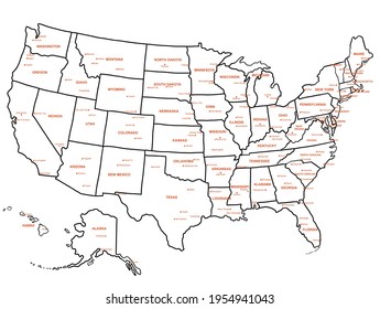 Doodle freehand drawing USA political map with major cities. Vector illustration.