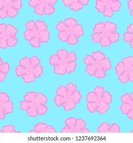 the doodle freehand pink hibiscus flower seamless pattern on light blue