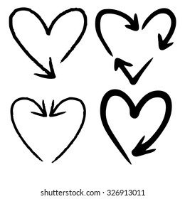 doodle freehand set of heart shaped arrow hand drawn