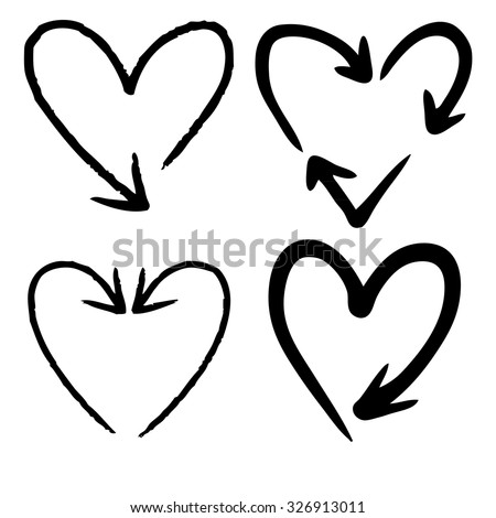 doodle freehand set of heart shaped arrow hand drawn