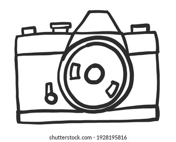 Doodle freehand sketch of an analog retro style camera on white background. Vector illustration.