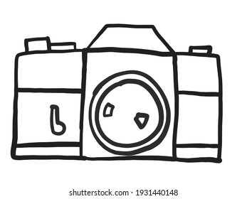 Doodle freehand sketch of an analog retro style camera on white background. Vector illustration.