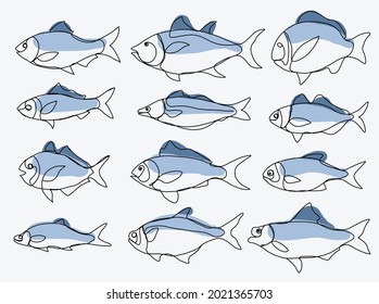 Dibujo a mano alzada de dibujos continuos de la colección de peces. Concepto de estilo de vida saludable con dieta.