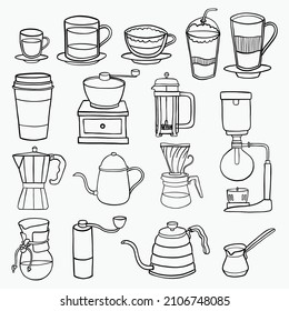 doodle freehand sketch drawing of coffee equipment collection. vector illustration.