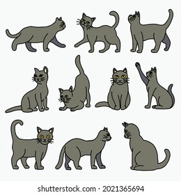 Doodle freehand sketch drawing of grey cat pose collection. Cute pet animal concept.
