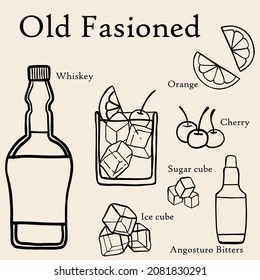 doodle freehand sketch drawing of old fasioned cocktail recipe. vector illustration.