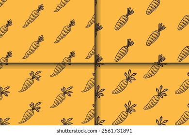 doodle fresh carrot vegetables seamless pattern on yellow background for print on packaging, merchandise.  whole carrots line art pattern background. pattern of carrot organic foods background