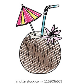 doodle fresh coconut beverage with umbrella and flower