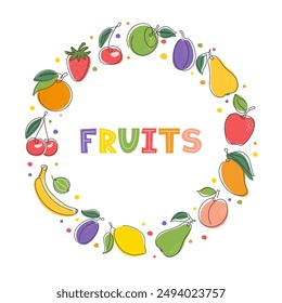 Doodle Fresh fruits Circle Frame. Summer fruits berries background. Healthy vegan diet Food Abstract illustration. Colorful Template for package, label, advertising, menu