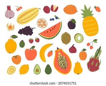 Doodle fresh fruits. Sketch fruit, simple decorative food composition. Isolated graphic art abstract apple and berries, exotic tropical sweets classy vector set