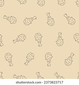 Doodle fried chicken line art seamless pattern. Suitable for backgrounds, wallpapers, fabrics, textiles, wrapping papers, printed materials, and many more.