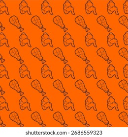 Doodle fried chicken pattern background. Fried chicken seamless pattern background. Fast food fried chicken illustration. Chicken chest and wing pattern illustration. Fast food vector. 