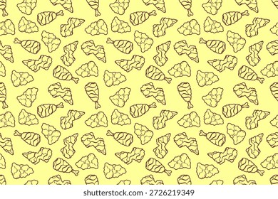Doodle de pollo frito sin patrón de fondo. Patrón de doodle de muslo, pecho y ala de pollo frito. Fondo de patrón de pollo frito Doodle. Fondo de patrón de doodle de comida rápida.