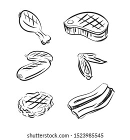 Doodle fried meat vector illustartion in cartoon linear style