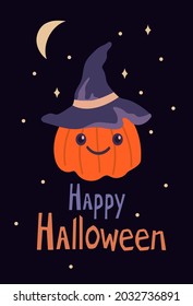 Doodle friendly pumpkin with Witch's hat, moon and stars, text. Halloween cute illustration on dark background. Suitable for card, flyer, poster.