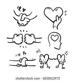 doodle Friendship and Love Vector Line Icons Set. with hand drawn sketch drawing style vector