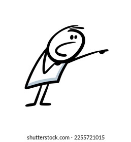 Doodle frightened character leans to the side and points with his finger. Vector illustration of man saw something terrible.