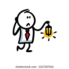 Doodle frightened stickman in office costume holding a lamp and going with upset face. Vector hand drawn illustration of cute character.