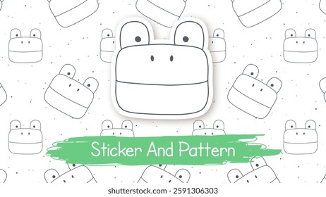 Doodle Frog Cartoon Character, Hand Drawn Kids Animal Style, Seamless Pattern, Sticker With Shadow. Vector eps 10.