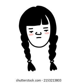 Doodle frowning girl with pigtails, rosy cheeks. Hand-drawn kid face isolated on white background. Human cute Avatar. Cartoon person. Gloomy teenager with bangs. Child portrait. Vector illustration