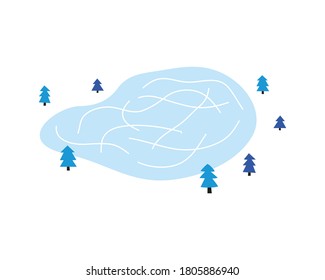 Doodle frozen ice rink and fir trees isolated on white background.