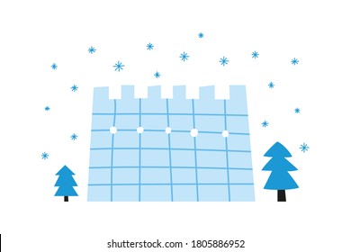 Doodle frozen snowy fortress, snowflakes and blue fir trees isolated on white background.