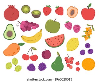 Doodle fruit and berry. Abstract berries, strawberry juicy plants. Ripe raspberry blackberry dessert, fruits vitamins. Fresh food exact vector set